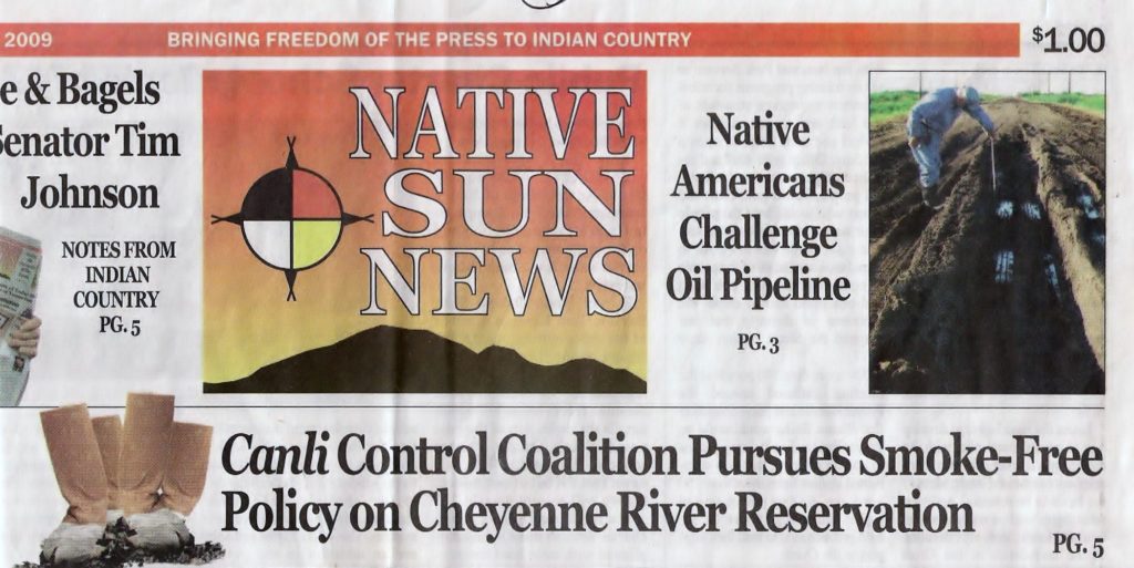 Newspaper clipping from the Native Sun News. Headline reads, "Canli Coalition pursues smoke-free policy on Cheyenne River Reservation."