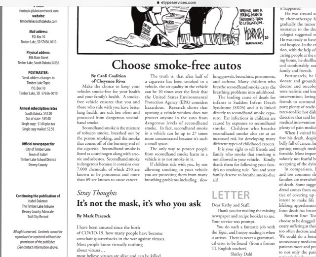 Newspaper clipping that reads, "Choose smoke-free autos."