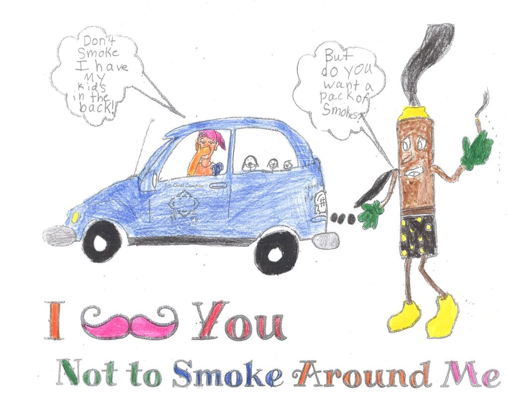children's drawing of a car and a cigarette that says, "I must ask you not to smoke around me."