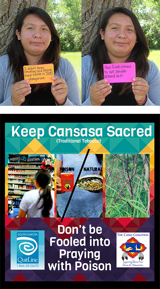 photo of female Lakota teen holding tobacco talking cards; ad that says, "Keep cansasa sacred."