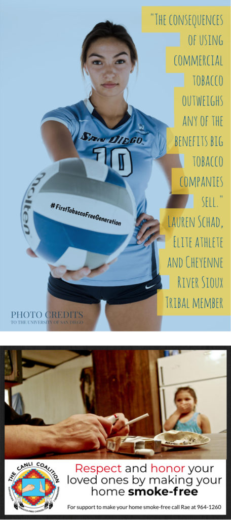 photo of Lakota college volleyball player; a newspaper ad that says, "Respect and honor your loved ones by making your home smoke-free."