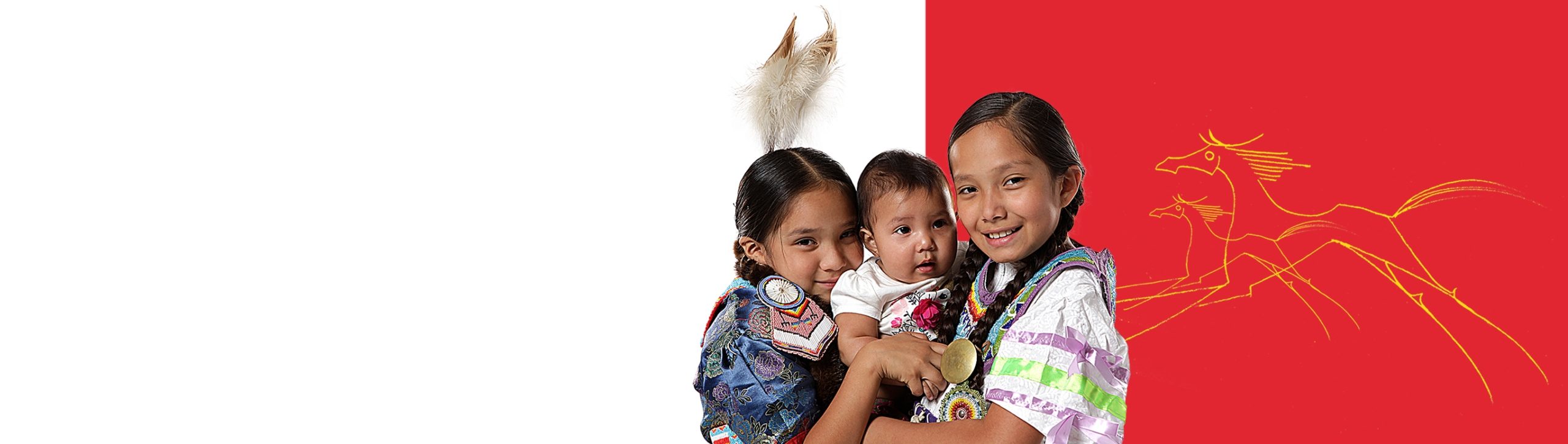 Three young girls dressed in traditional Lakota attire